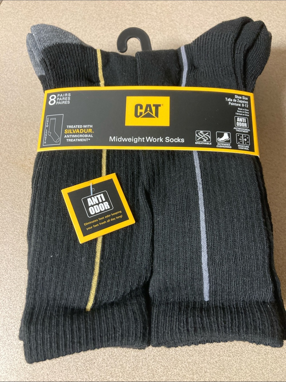 Caterpillar Black Midweight Work Socks with Yellow & Gray Stripes (8 Pairs)